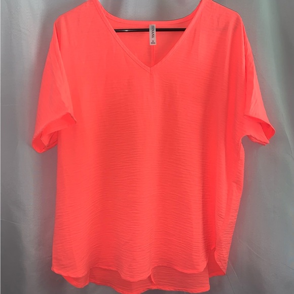 • Zenana Versatile Dress-Up or Down Neon Coral/Hot Pink Dolman Sleeved Blouse • - Picture 2 of 3